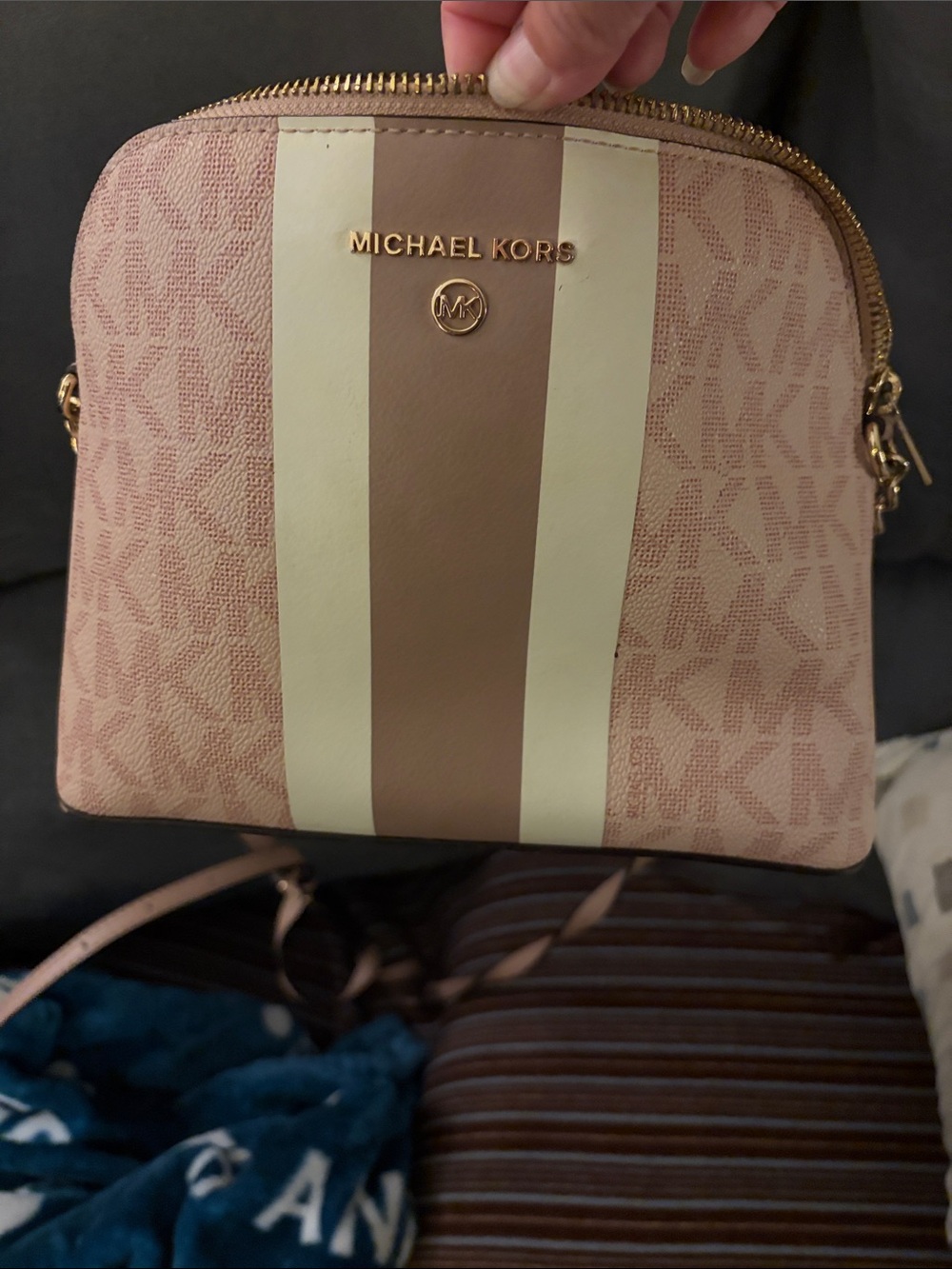 MICHAEL KORS Blush Pink and Cream Signature Stripe Crossbody